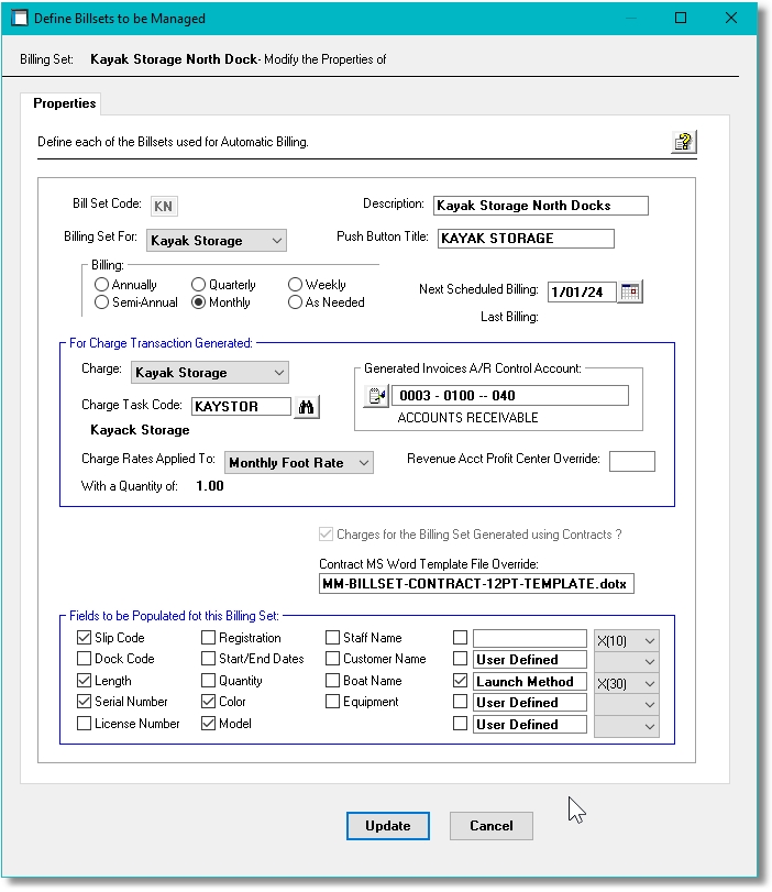 Showing Billing Set Properties in Marina Mate marina management software