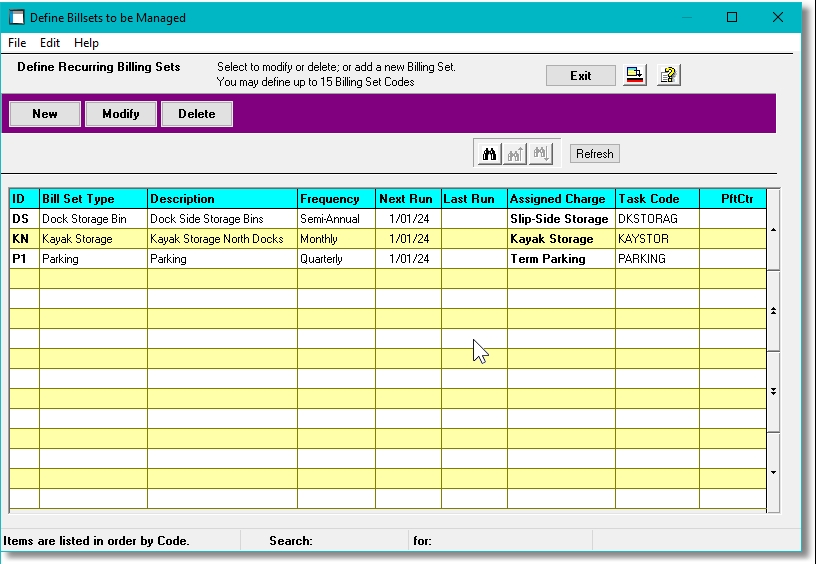 Show Recurring Billing Set Grid Screen