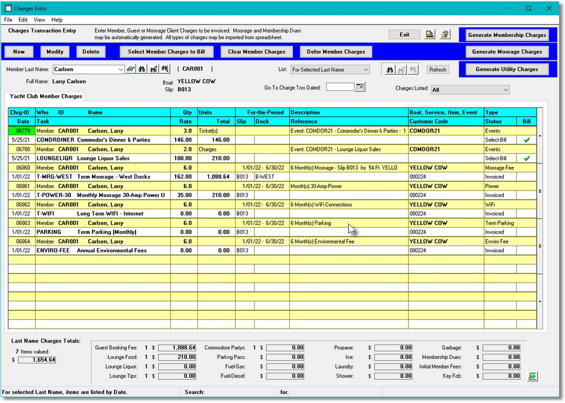 Charges Entry List Grid Screen