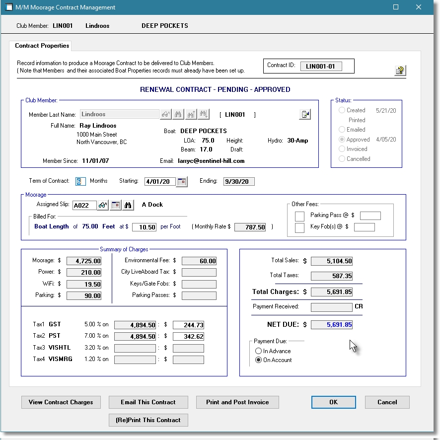 Showing Contract Properties Edit Screen in Marina Mate marina invoicing software