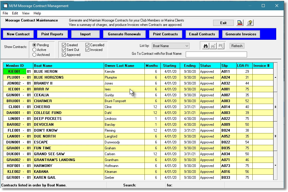 Showing Contracts Grid Screen in Marina Mate marina invoicing software