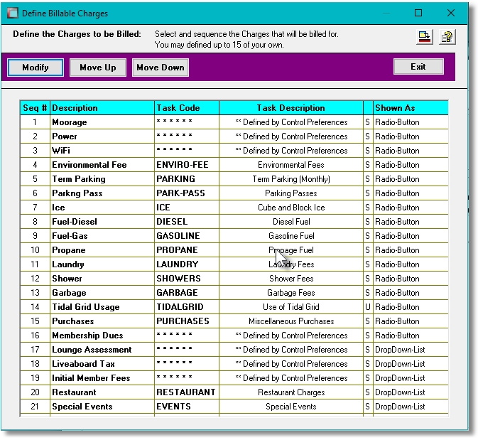 User Defined Charges Grid Screen