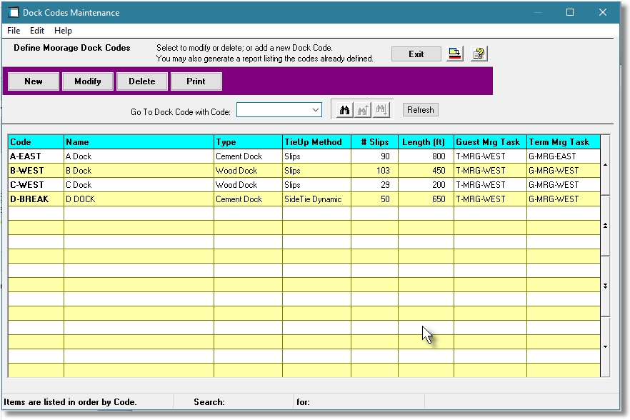 Show the Dock Codes Grid Screen from the Marina Management system