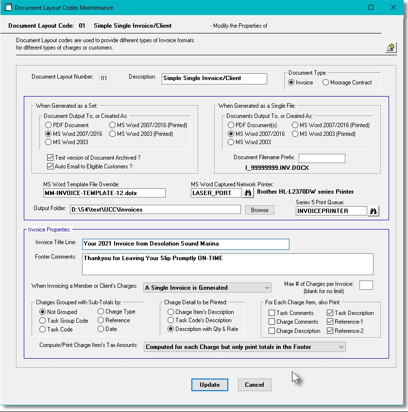 Invoice Layout Properties  Screen