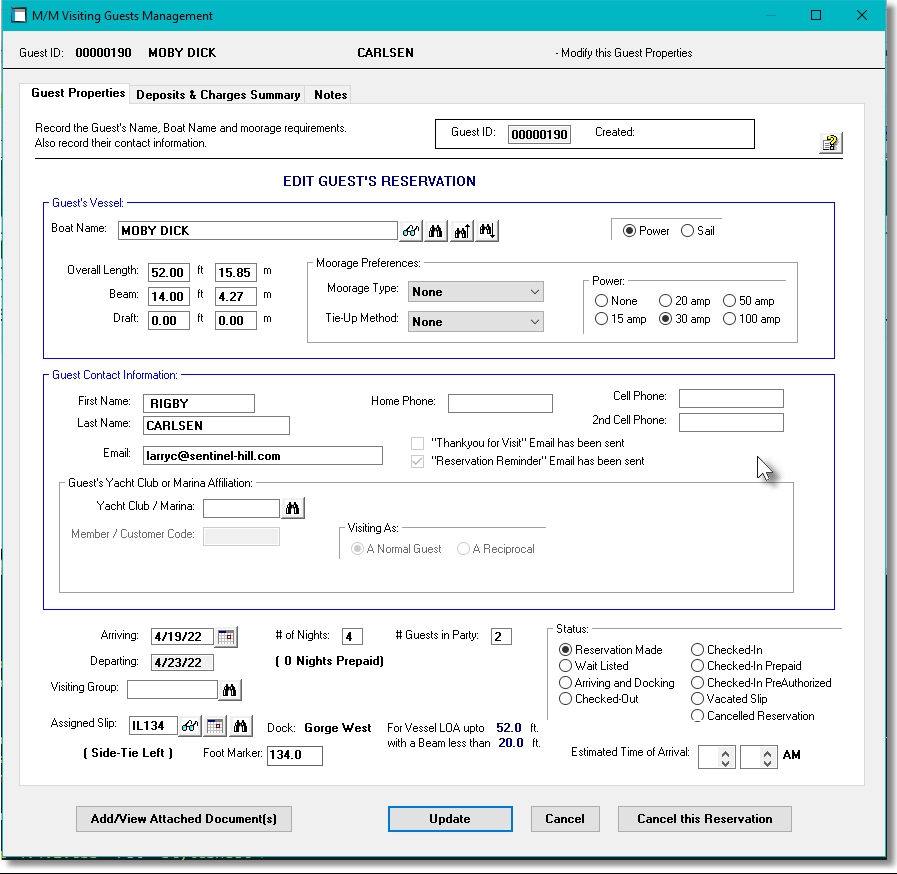 Guest Visit Properties Screen