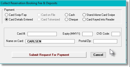 Resevation Charges Entry Screen