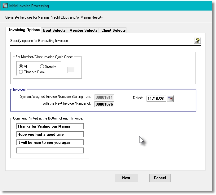 Generate Invoices Screen