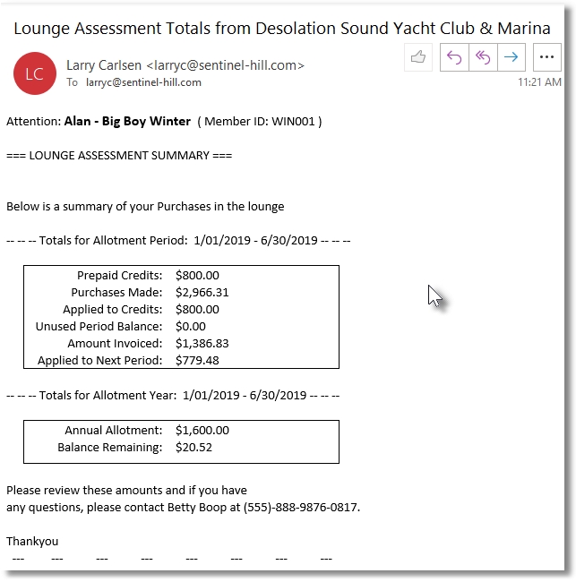 Lounge Assessment Email from Marina Mate Yacht Club Invoicing