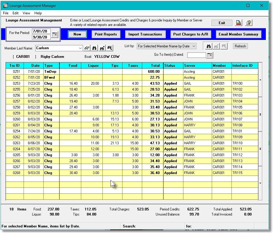 Lounge Transaction Grid Screen