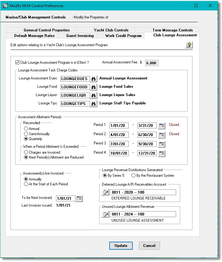 Lounge Assessment Control Screen from Marina Mate Yacht Club Invoicing