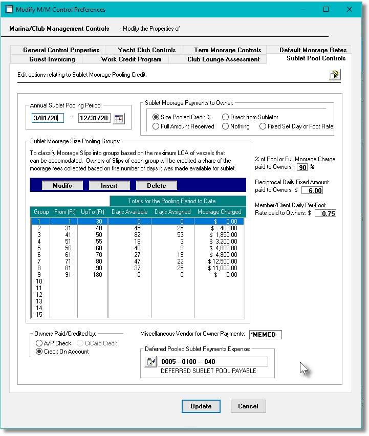 Sublet Control Properties Screen