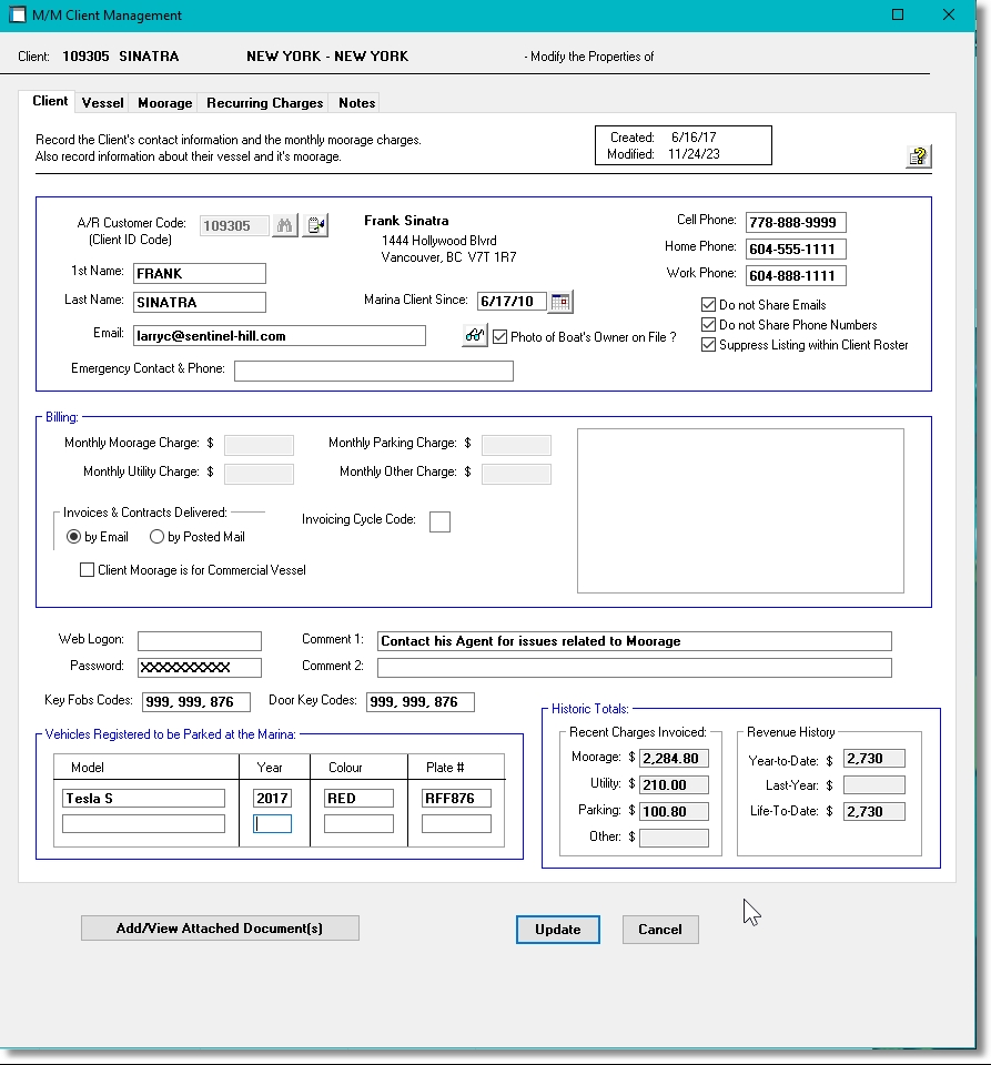 Showing Client properties from the Marina Mate Marina Invoicing software