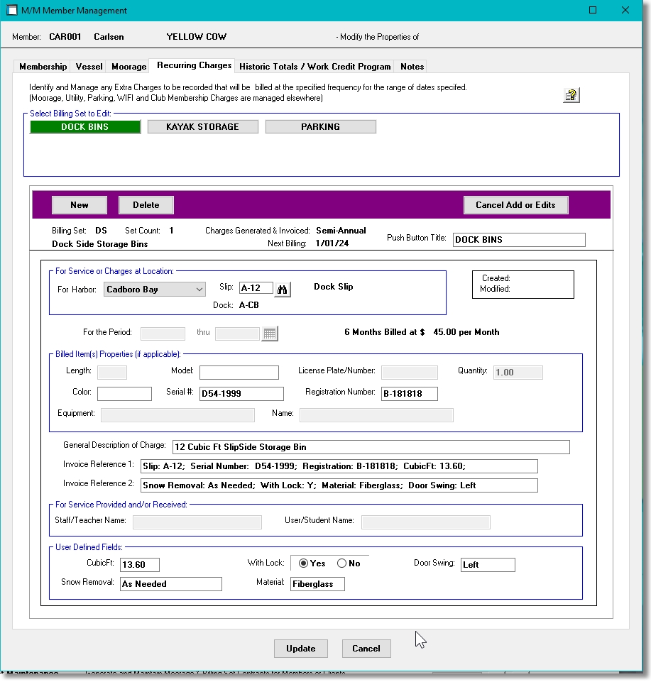 Member or Client Recurring Charges Screen from Marina Mate marina invoicing software
