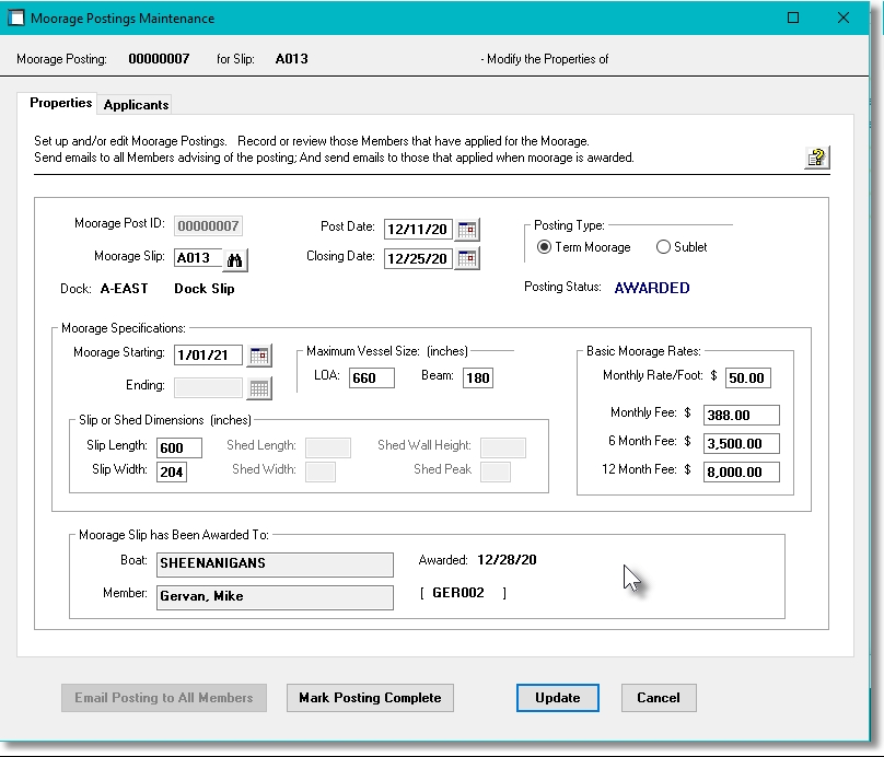 Posting Properties Screen