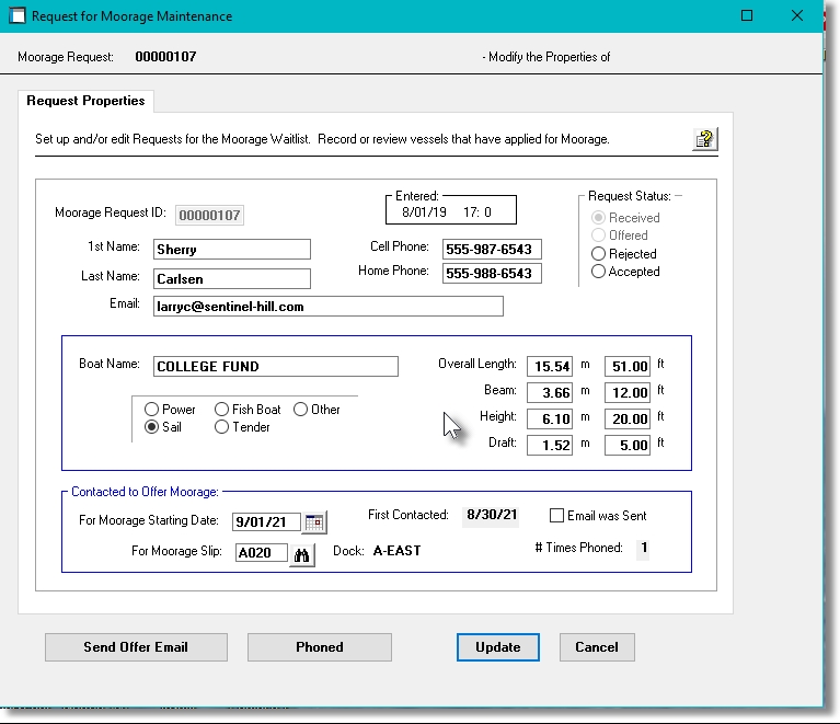 Request for Moorage Properties Screen