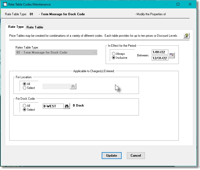 Rate Table Code Properties Screen