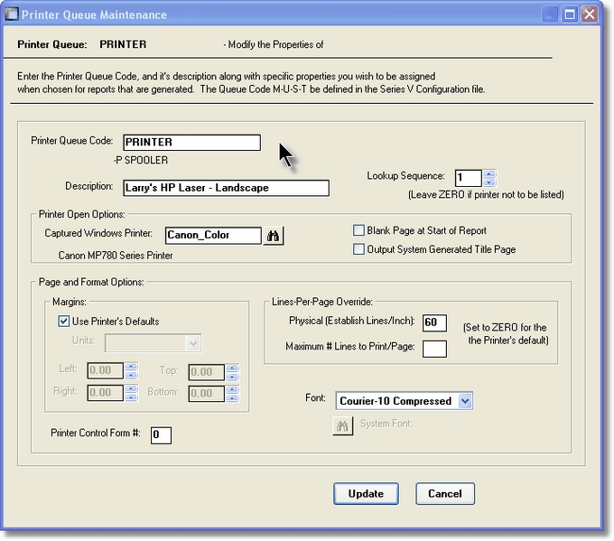 Printer Queue Properties Screen