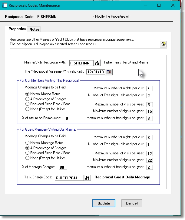 Reciprocal Club Visit Properties Screen