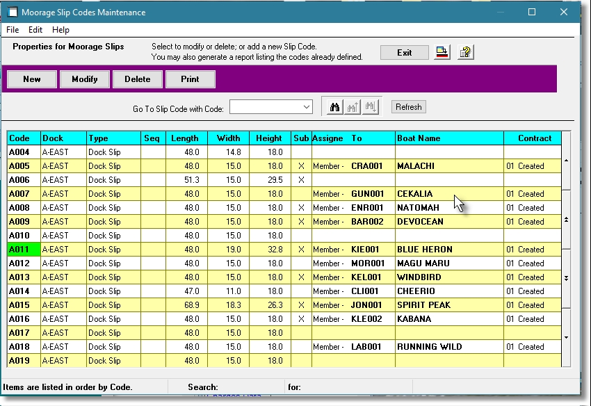 Slip Godes Screen from Marina Mate marina invoicing software