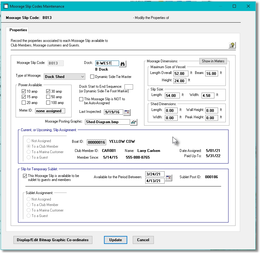 Showing the Slip Code Properties in Marina Mate marina management software