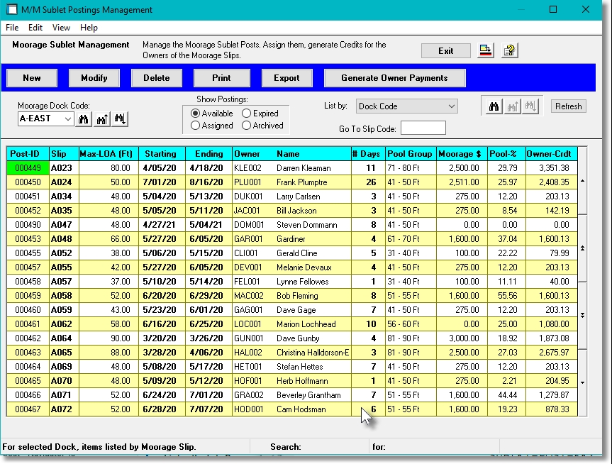 Sublet Postings List Grid Screen