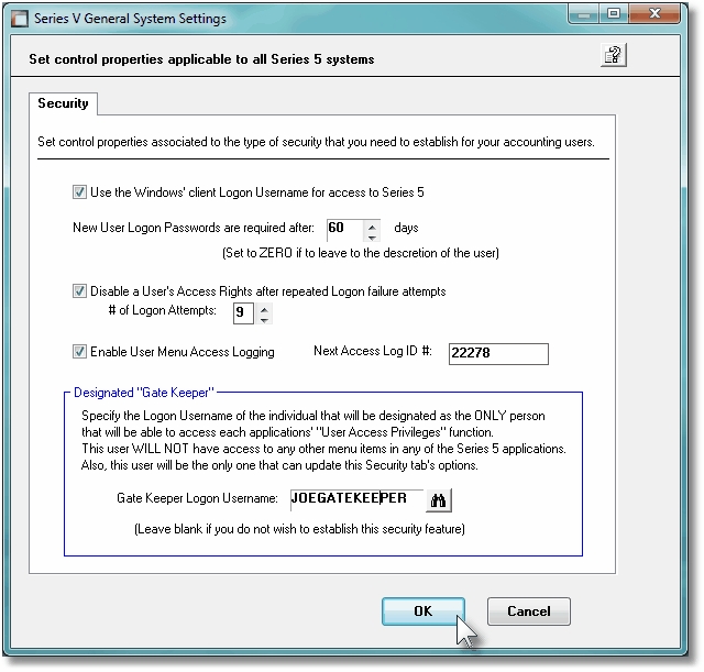 System Securtiy Properties Screen