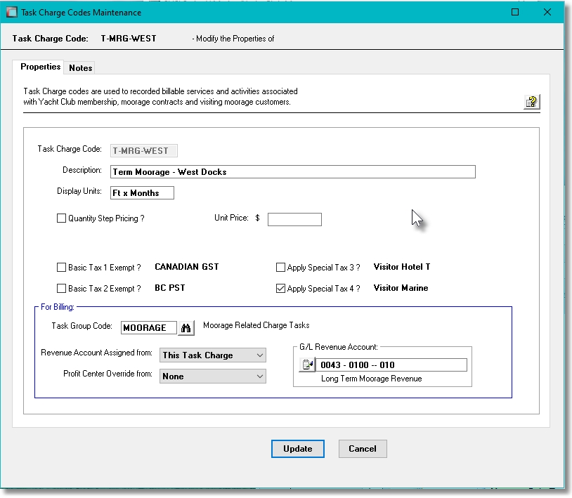 Sample Task Charge Properties Screen