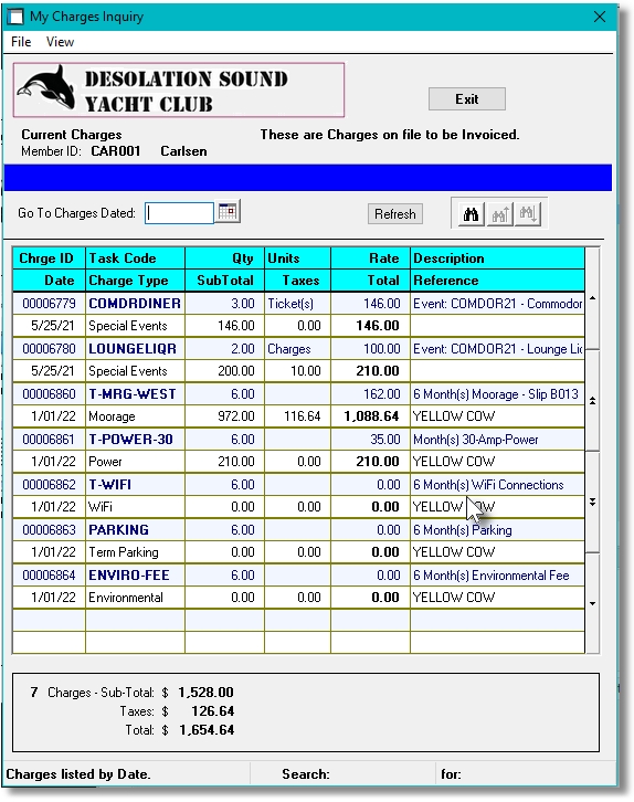 Web Portal - Current Charges Screen Screen