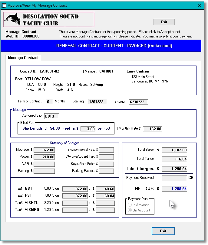 Web Portal - My Contract Screen