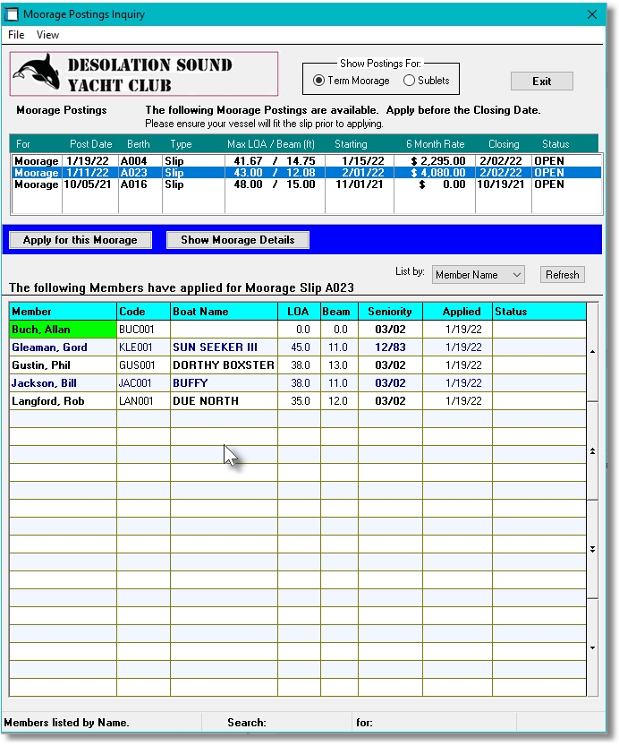 Web Portal - Moorage Postings Screen