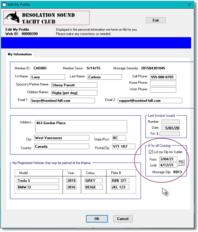 Web Portal My Profile Sceeen Marina Mate marina invoicing software