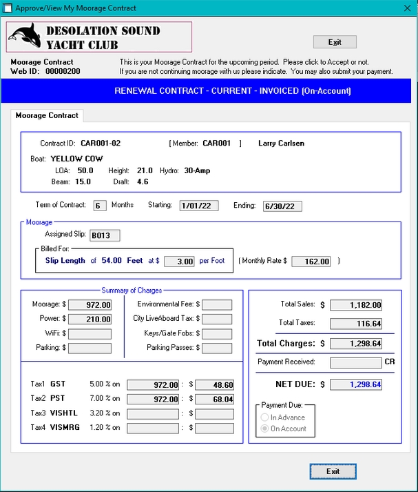 Web Portal Contract Screen from Marina Mate marina invoicing software
