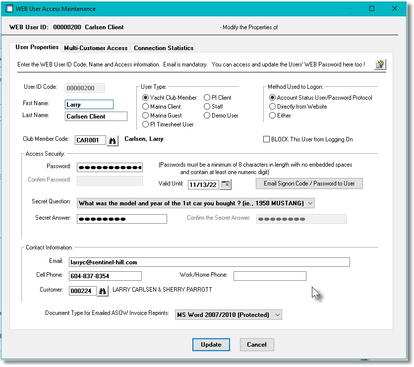 Web User Properties Screen