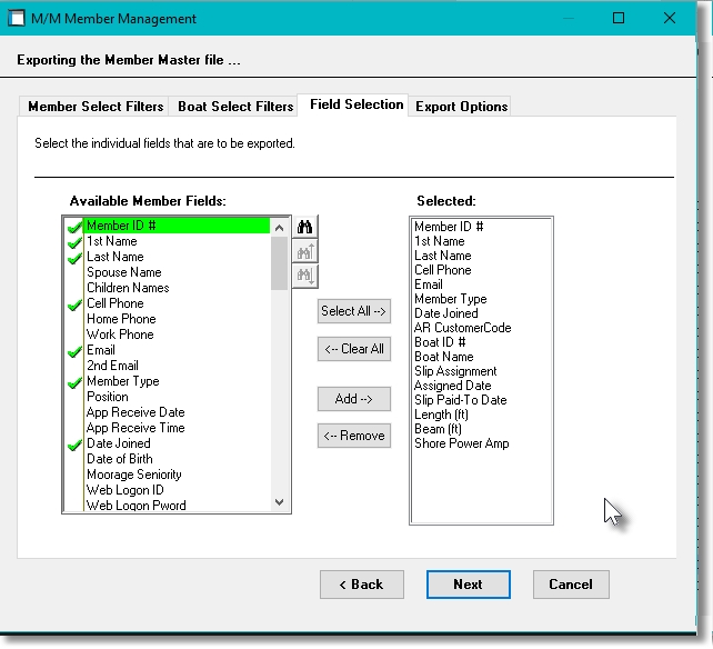Sample Export Field Select Screen